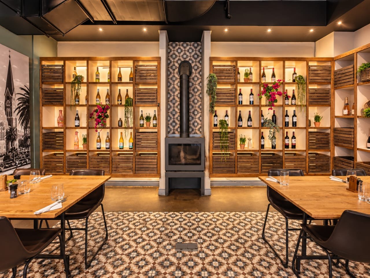 The wine wall and fireplace at Olivia’s Kitchen, Windhoek